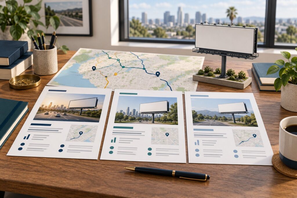 Billboard proposal comparison materials with route map, proposal sheets and a model billboard