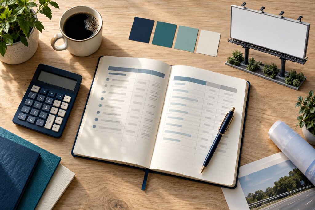 Billboard budget worksheet concept with calculator, notebook and model billboard