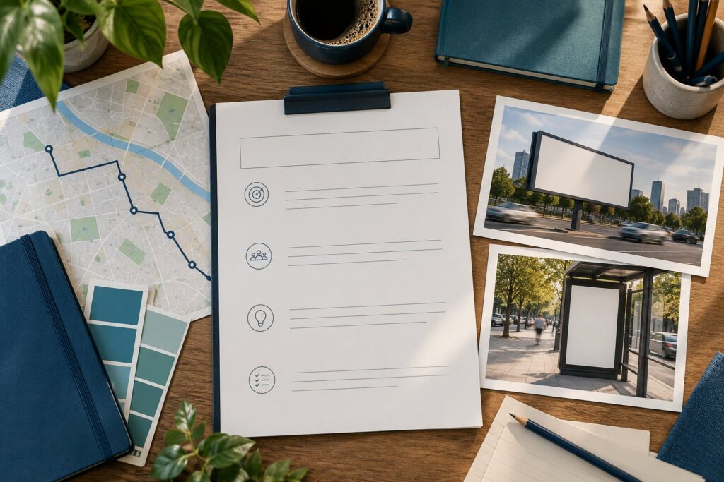 OOH media brief with route map and outdoor advertising concept cards