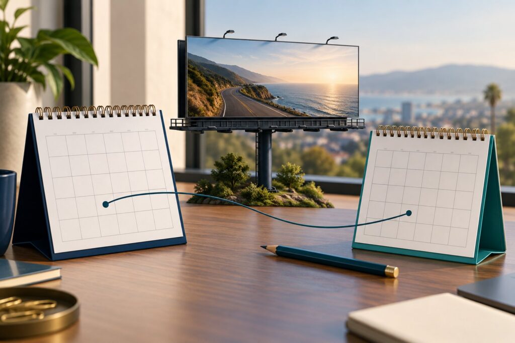 Billboard rental cycles concept with two calendars and a model display