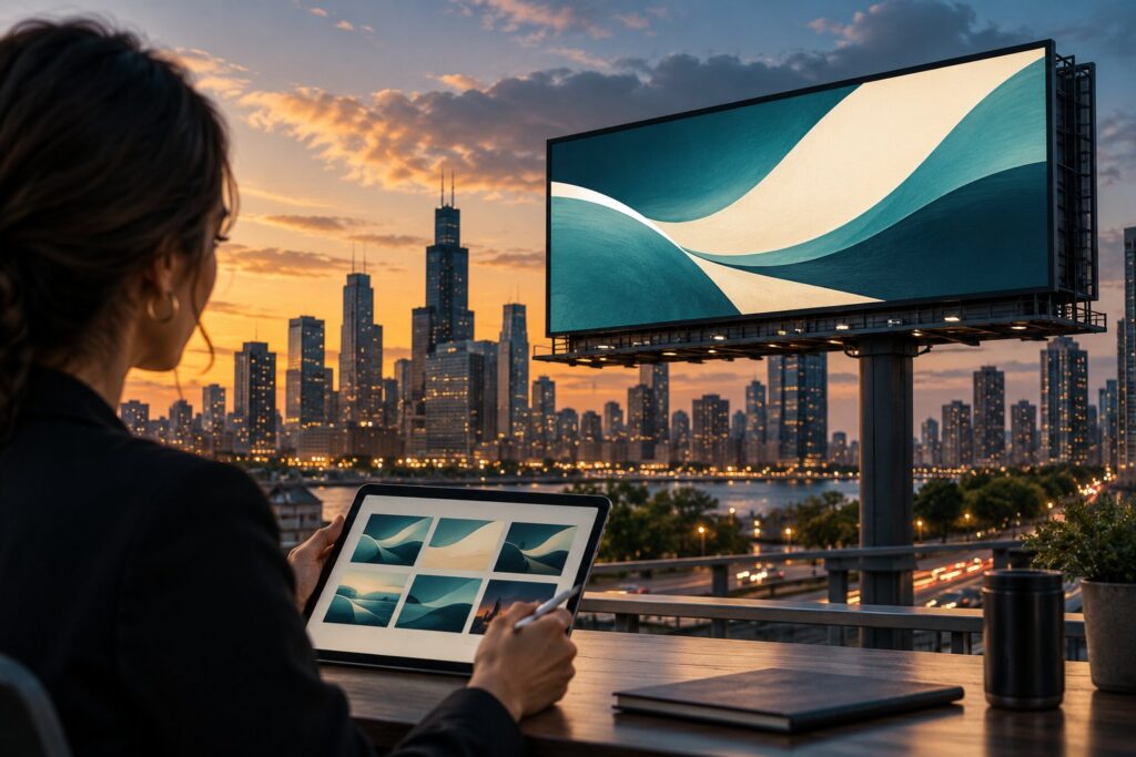 Digital billboard share of voice concept with a digital screen and creative cards on a tablet