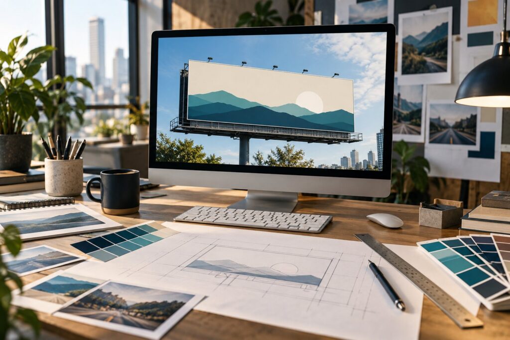 Billboard artwork specifications review with layout sketches, ruler and screen mockup