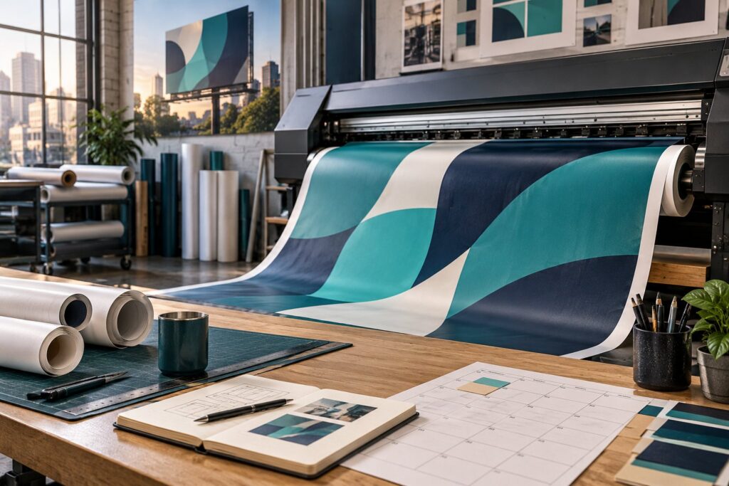 Billboard production timeline planning with a calendar and large format printing