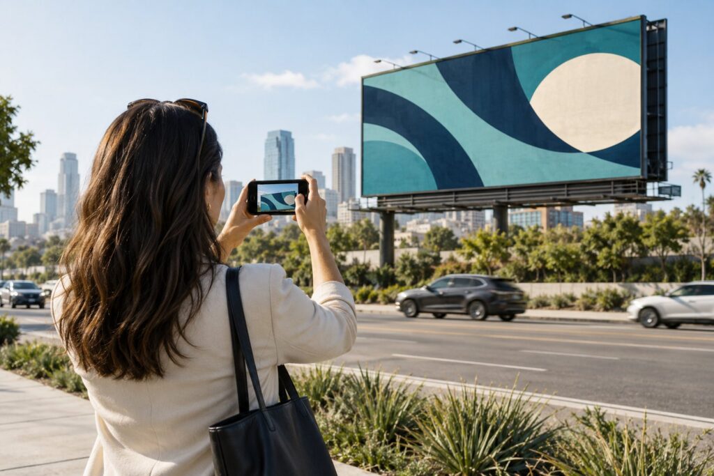 Billboard proof of performance concept showing a planner photographing a display