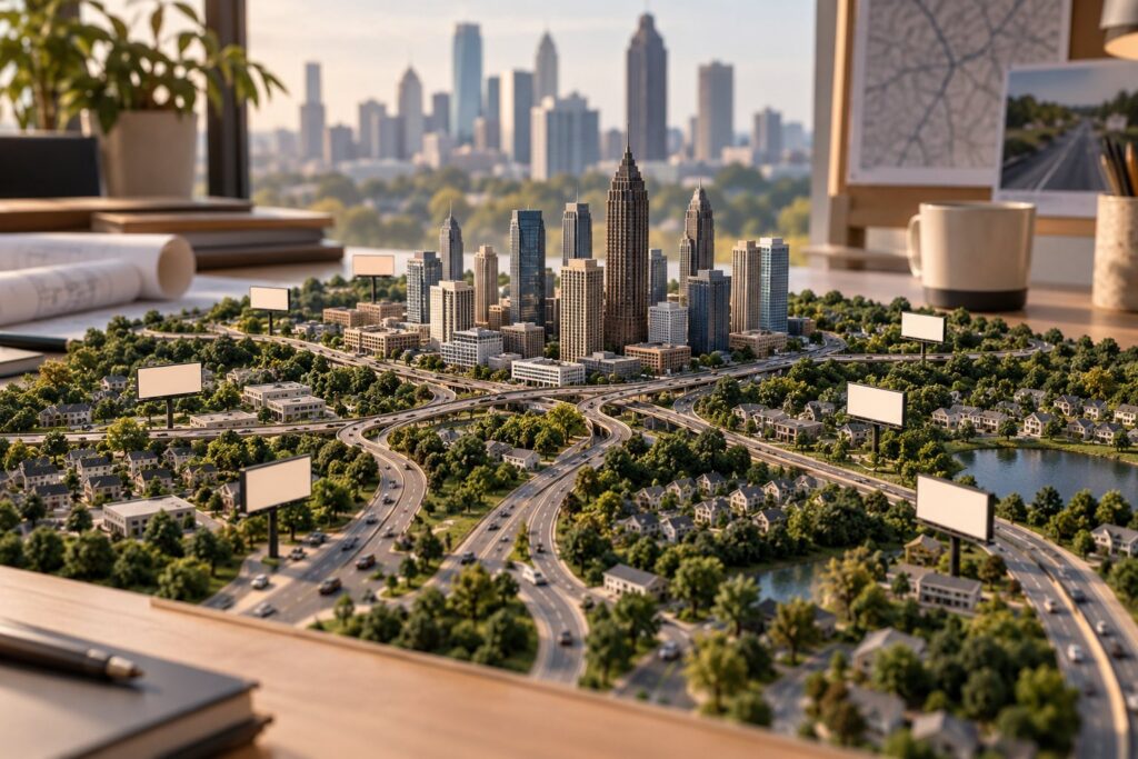 Atlanta billboard trade areas concept with a miniature city and suburban routes