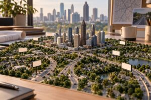 Atlanta billboard trade areas concept with a miniature city and suburban routes