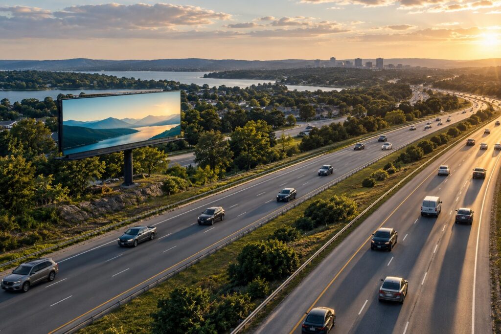 Billboard traffic direction concept showing a display beside a divided highway