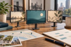 Billboard availability planning with model displays, a location map and calendar