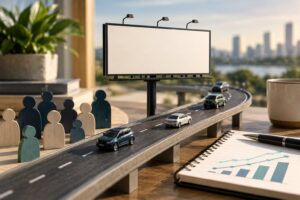 Billboard impressions vs traffic counts concept with audience tokens and model vehicles