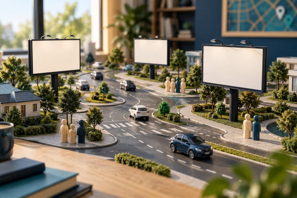 OOH reach and frequency concept with model billboards, roads and audience tokens