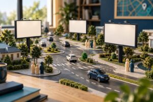 OOH reach and frequency concept with model billboards, roads and audience tokens