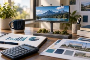 Billboard CPM calculation concept with calculator, charts and model display