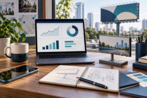 Billboard cost per lead concept with laptop charts and a model billboard