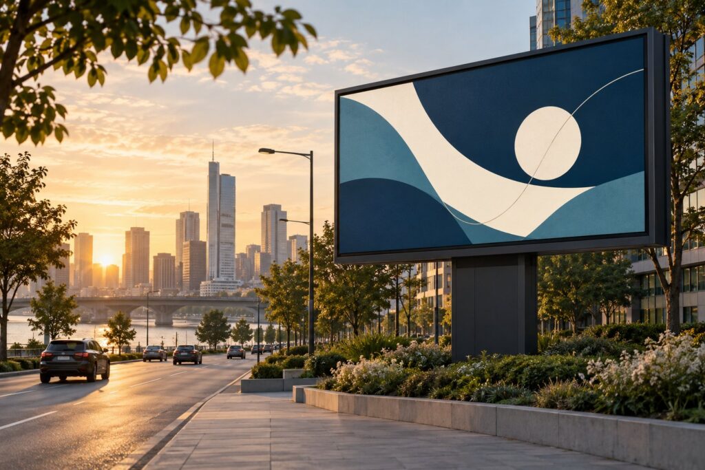 Digital billboard dayparting concept with a roadside screen at dawn