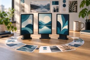 Digital billboard ad rotation concept with three model screens and creative cards