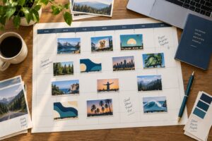 Digital billboard content calendar with creative concept cards arranged in a planner