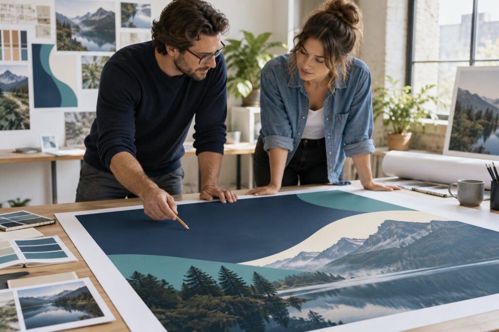 Billboard creative approval review with two designers examining an artwork proof