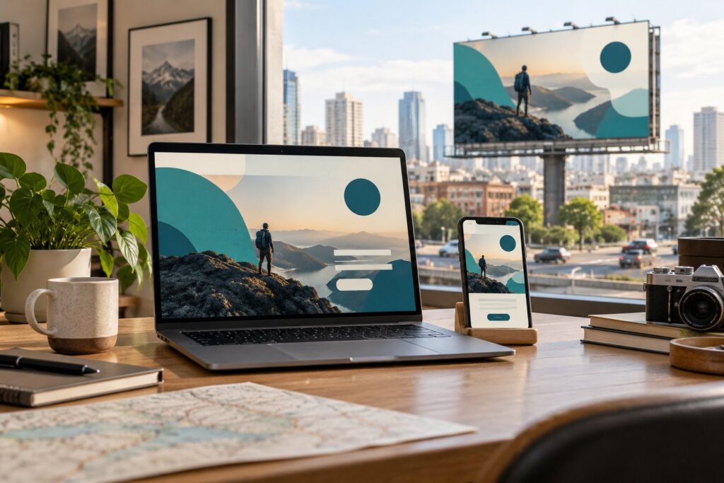 Billboard landing pages shown on a laptop and phone with coordinated outdoor artwork