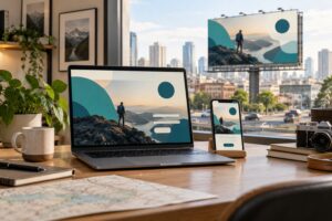 Billboard landing pages shown on a laptop and phone with coordinated outdoor artwork