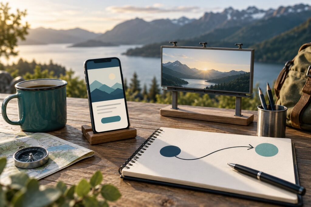 Billboard tracking URLs concept with a phone, model display and response path diagram
