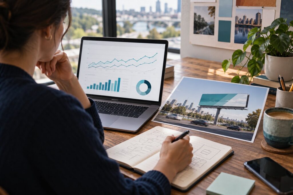 Billboard branded search analysis concept with laptop charts and a display photograph