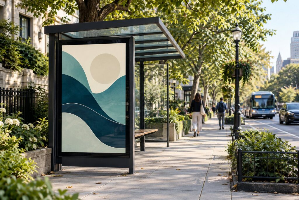 Bus shelter advertising checklist concept showing a street-level advertising panel