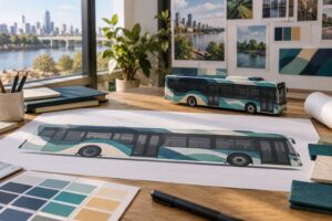 Bus wrap artwork proof beside a miniature bus and color swatches