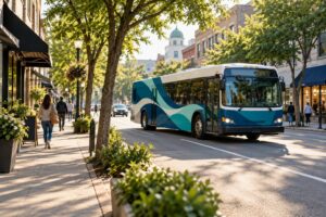 Bus advertising routes concept with a bus traveling on a neighborhood shopping street