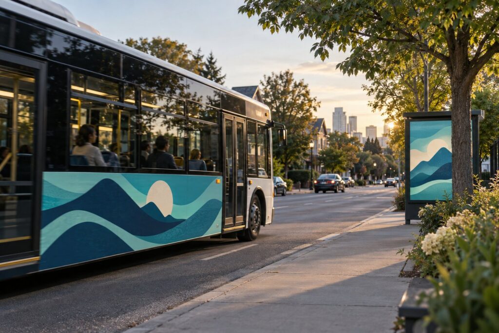 Transit advertising vs posters concept showing a bus ad and a fixed street display