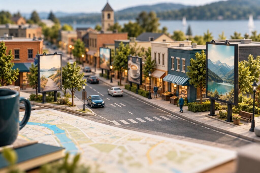 Poster billboard coverage concept with advertising displays across a miniature neighborhood