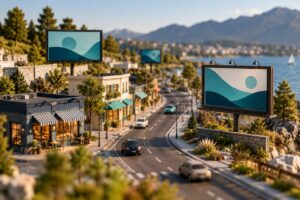 Neighborhood billboard campaigns concept with local shops and model outdoor displays