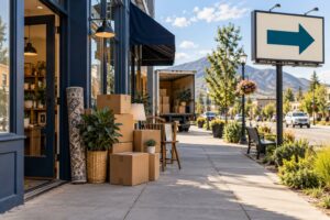 Business relocation billboards concept with moving boxes and a directional display