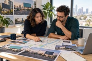 Outdoor media buying agency planners reviewing billboard photographs and a route map