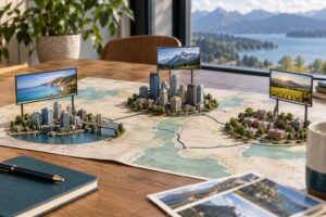 Multi-market billboard buying concept with three miniature cities and coordinated displays