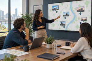 OOH client presentation showing a media planner explaining an outdoor advertising map
