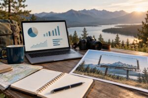 OOH campaign report concept with laptop charts and printed billboard photographs