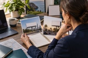 Billboard renewal checklist concept with location photographs and a calendar
