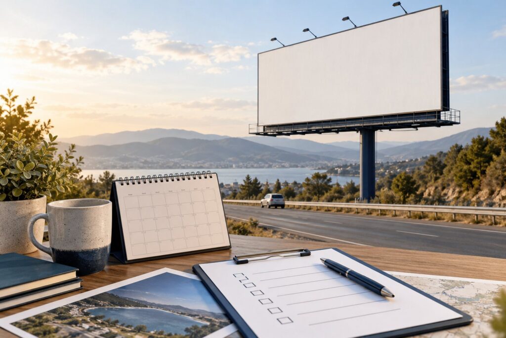 Billboard makegoods review concept with a display photograph and delivery checklist