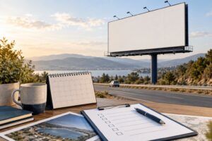 Billboard makegoods review concept with a display photograph and delivery checklist