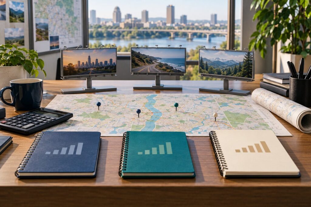 OOH budget allocation concept with notebooks, calculator and model billboards