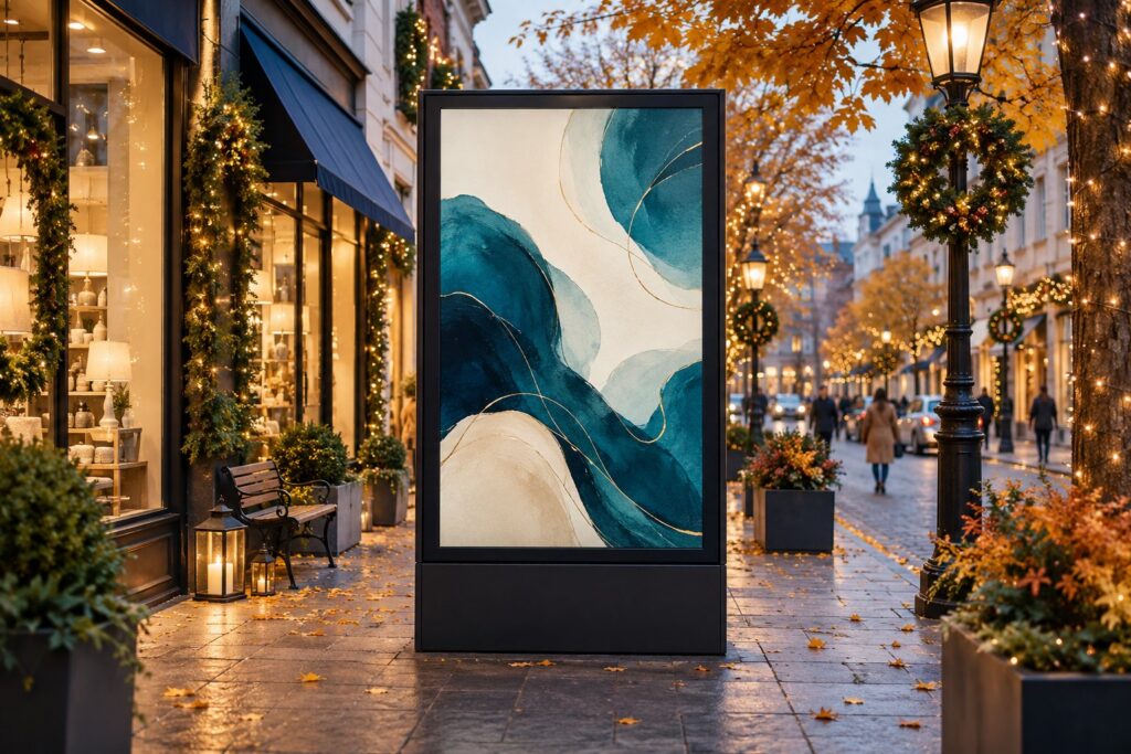 Holiday billboard planning concept showing a decorated shopping street and outdoor display