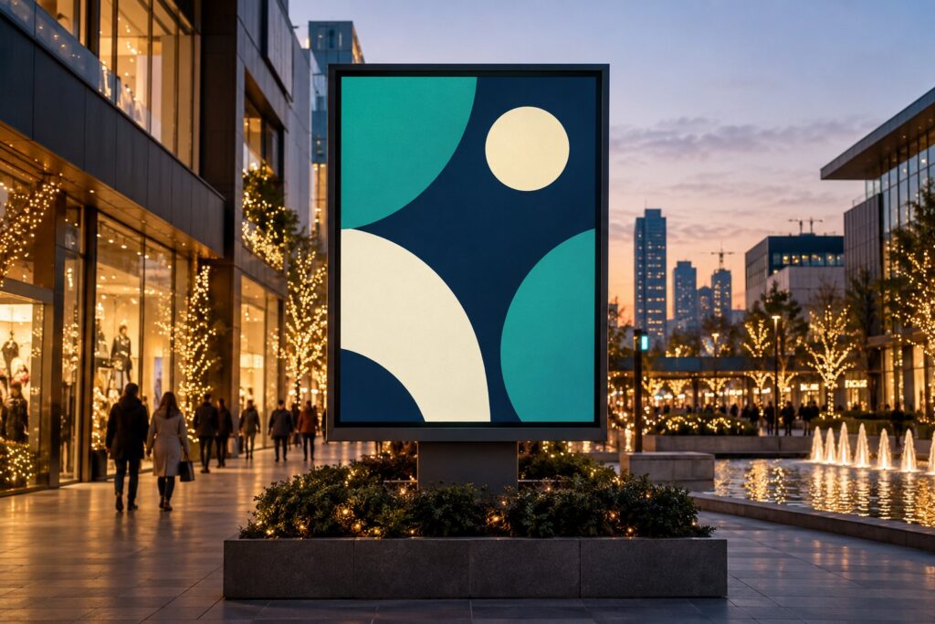 Black Friday digital billboards concept with a screen near a shopping district at dusk