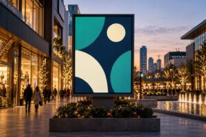 Black Friday digital billboards concept with a screen near a shopping district at dusk