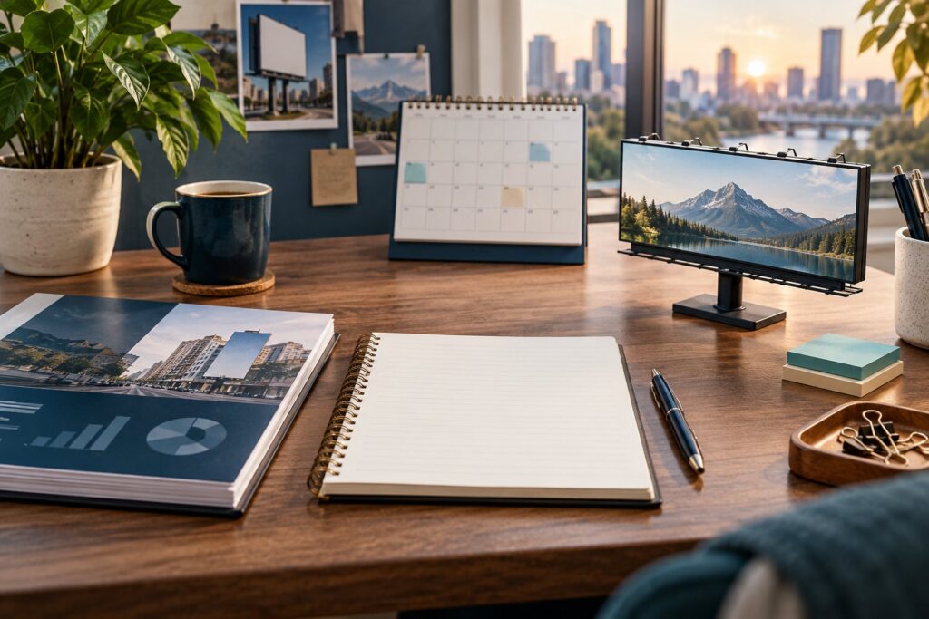 Year-end OOH planning concept with campaign report, fresh notebook and billboard model