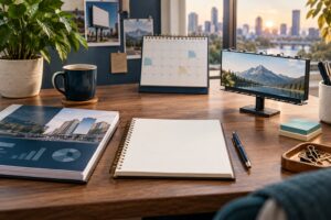 Year-end OOH planning concept with campaign report, fresh notebook and billboard model