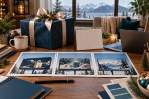 Holiday billboard offers planning with seasonal gift box and creative concept cards