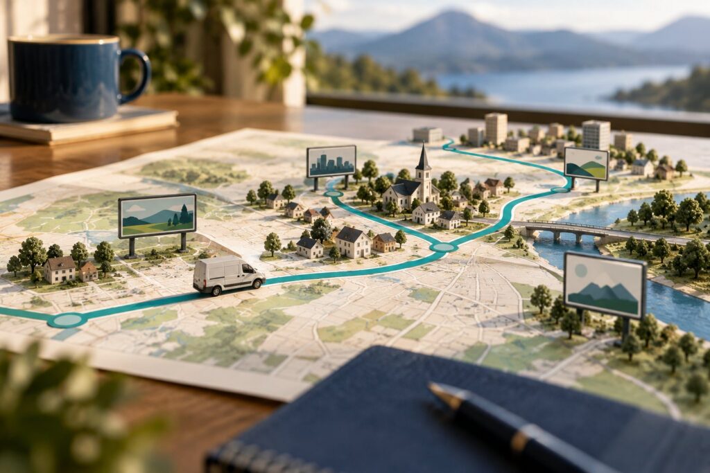 New service area advertising concept showing an expanded route across a miniature town