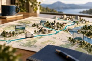 New service area advertising concept showing an expanded route across a miniature town