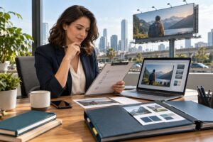 Billboard campaign launch checklist reviewed beside a laptop creative proof