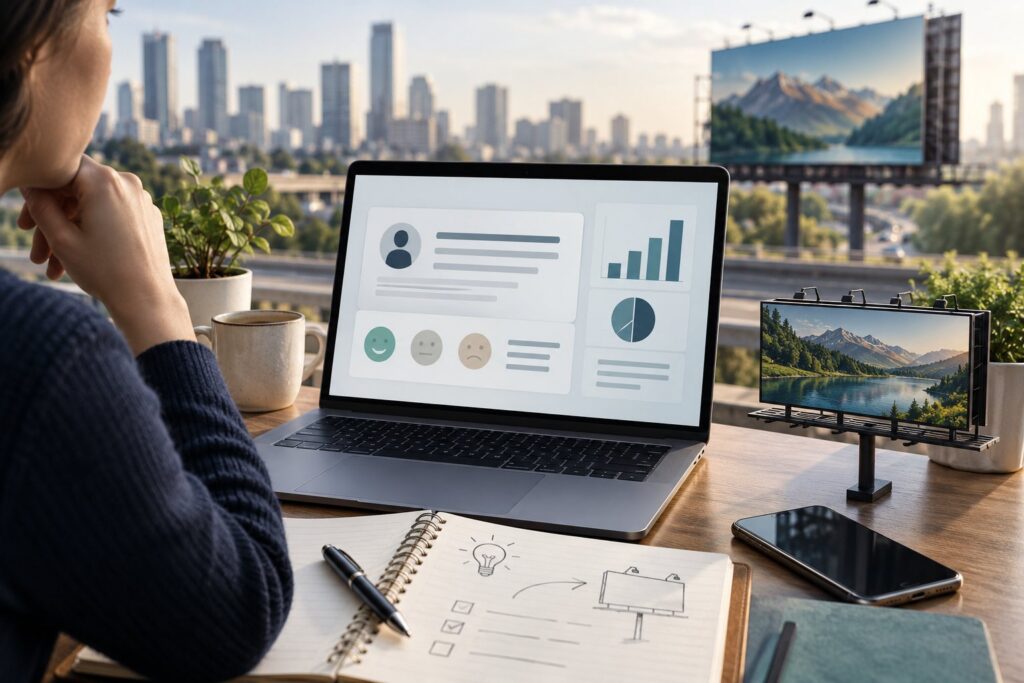 Billboard lead quality review concept with laptop charts and a planning notebook
